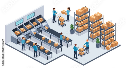 Modern Isometric Illustration of a Warehouse Operations and Logistics with Workers and Conveyor Belts