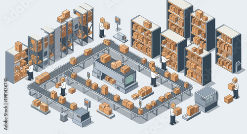Isometric warehouse logistics and distribution center operations with workers and conveyor belts