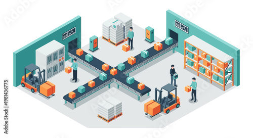 Isometric warehouse interior scene with forklifts, conveyor belts, and employees working in a logistics and distribution center