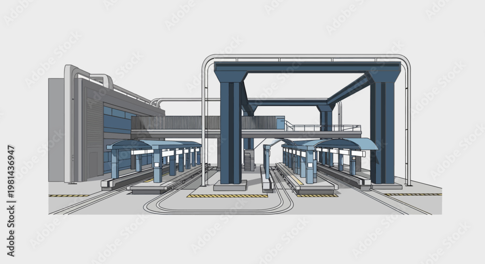 Naklejka premium Modern industrial manufacturing plant with automated robotic assembly lines and logistics systems