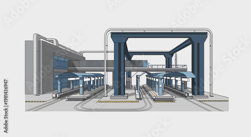 Modern industrial manufacturing plant with automated robotic assembly lines and logistics systems