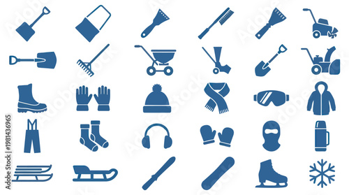 Snow Removal Tools and Winter Clothing Blue Silhouette Icons