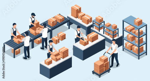 Warehouse Operations Workers Packing and Shipping Boxes on a Conveyor Belt in an Isometric Illustration