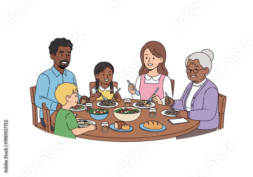 Diverse family eating together at table.