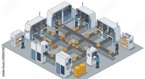 Automated warehouse sorting system with conveyor belts and robotic arms, efficiency in logistics