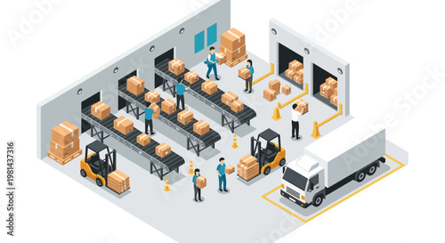 Efficient warehouse logistics with forklifts, conveyor belts, and delivery trucks in a modern distribution center illustration