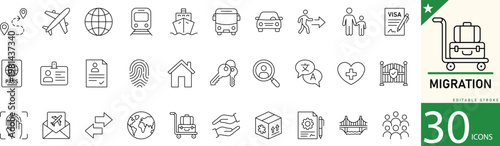 Minimal Migration line icons for movement, relocation, travel, people transfer, and global mobility. Perfect for travel, immigration services, and global projects