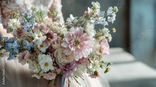 Elegant wildflower wedding bouquet with asymmetrical design, soft natural light, pastel tones, airy background, modern bridal floristry concept.