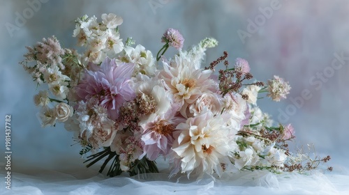 Elegant wildflower wedding bouquet with asymmetrical design, soft natural light, pastel tones, airy background, modern bridal floristry concept.