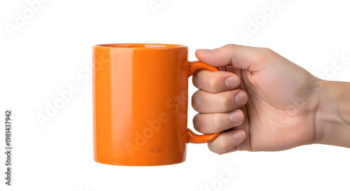 Hand holding an orange mug against a white background