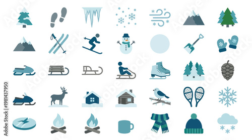 Winter Sports Adventure and Cold Weather Nature Vector Icon Set