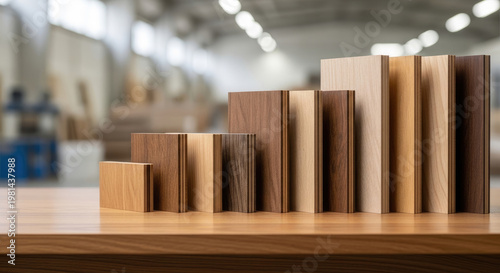 Close-up showcasing diverse wooden samples on a table in a woodworking workshop highlighting textures grains and color variations