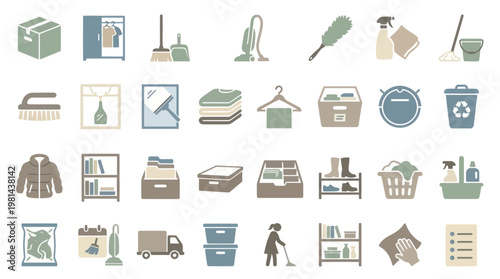 Home Organization and Cleaning Service Tools Vector Icon Set Collection