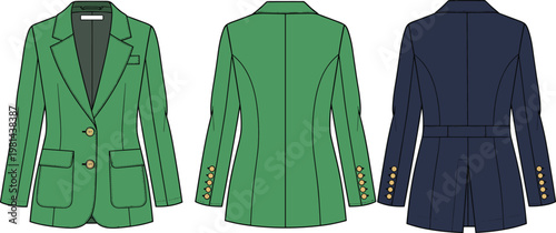 Elegant women's tailored blazer jacket front back views fashion flat illustration classic formal office wear vector design stylish modern apparel