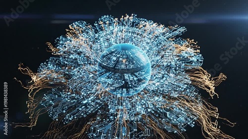 Cybernetic Symphony: An intricate depiction of a digital cosmos unfolds, with a central sphere enveloped by a dynamic cloud of connected particles, hinting at the complexity of technology.