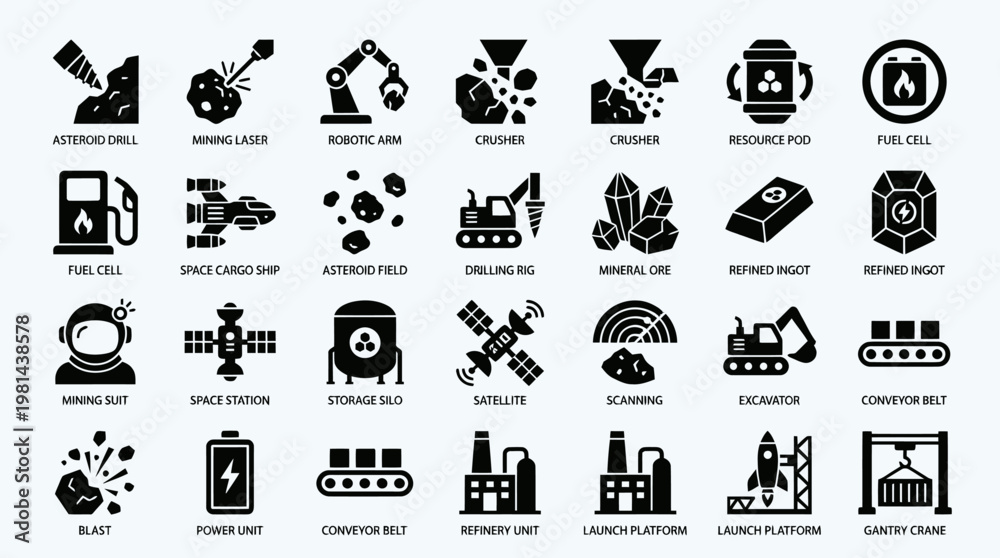Obraz premium Asteroid Mining and Space Industry Resource Extraction Process Icon Set
