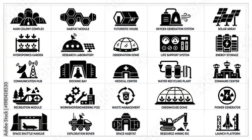 Futuristic Mars Colony Infrastructure and Space Base Facility Icon Set