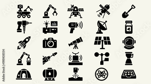 Planetary Research and Deep Space Mission Technology Equipment Icon Set