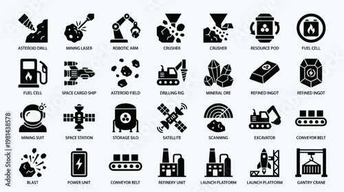 Asteroid Mining and Space Industry Resource Extraction Process Icon Set