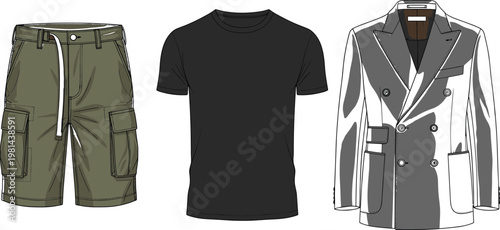 Men clothing set illustration cargo shorts t shirt and blazer outfit vector fashion apparel collection isolated on clean background