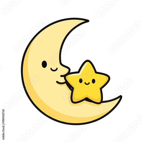 A charming and cute cartoon illustration of a friendly crescent moon gently embracing a tiny, happy star, depicting a whimsical night sky friendship and sweet dreams, perfect for children's decor