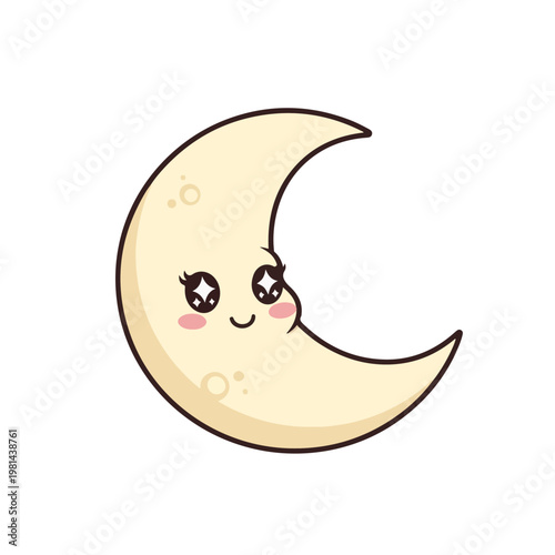 Whimsical smiling crescent moon character illustration, a cheerful night sky graphic with twinkling eyes and rosy cheeks for a dreamy, playful vibe