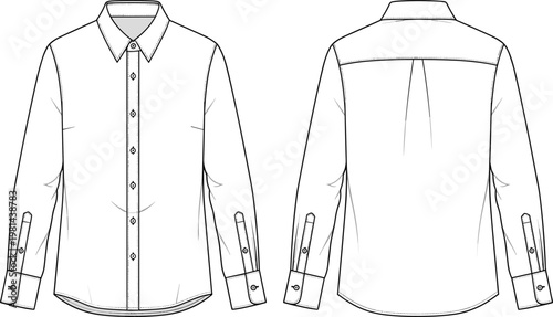Men’s long sleeve button down shirt technical line drawing front and back view for fashion design template and apparel mockup