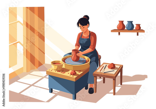 Woman working on pottery wheel ceramics.