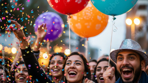 Enthusiastic crowd celebrating a night event with colorful balloons and a vibrant shower of sparkling confetti.