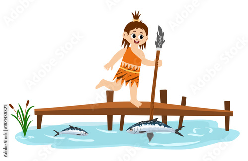 Little kid funny stone age prehistoric man, primitive caveman cartoon character vector. caveman costume vector illustration