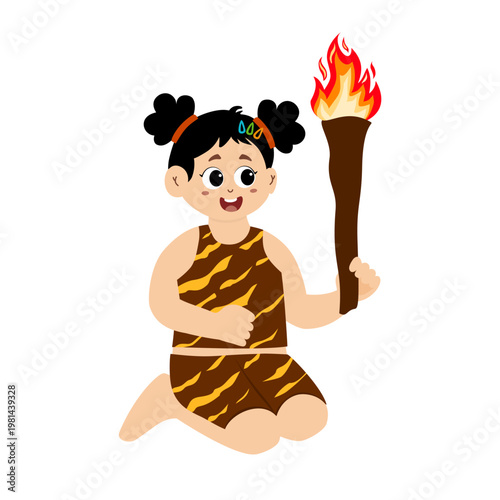 Little kid funny stone age prehistoric man, primitive caveman cartoon character vector. caveman costume vector illustration