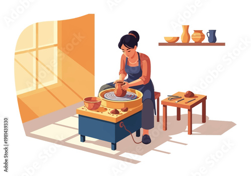 Woman working on pottery wheel indoors.