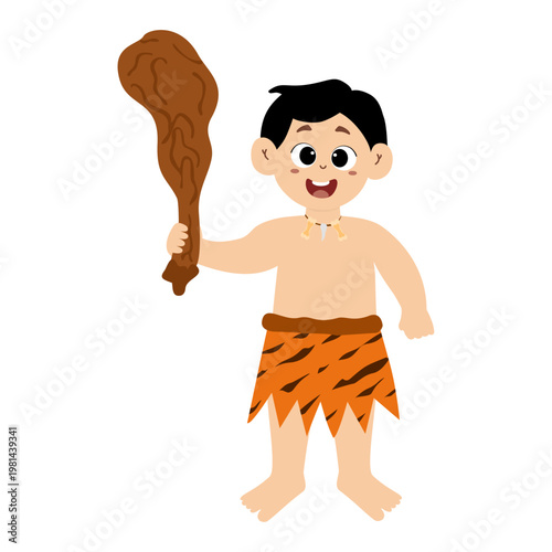 Little kid funny stone age prehistoric man, primitive caveman cartoon character vector. caveman costume vector illustration