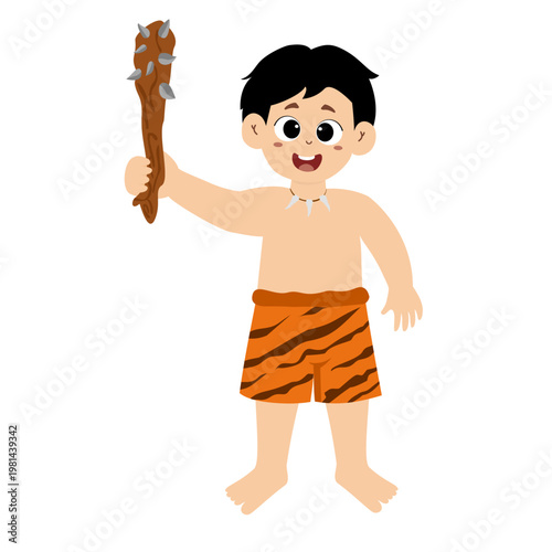 Little kid funny stone age prehistoric man, primitive caveman cartoon character vector. caveman costume vector illustration