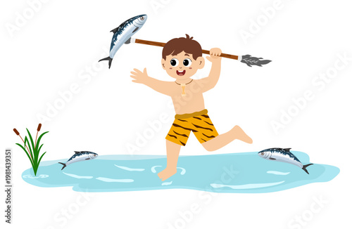 Little kid funny stone age prehistoric man, primitive caveman cartoon character vector. caveman costume vector illustration