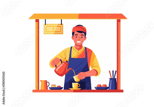 Man pouring coffee from kettle.