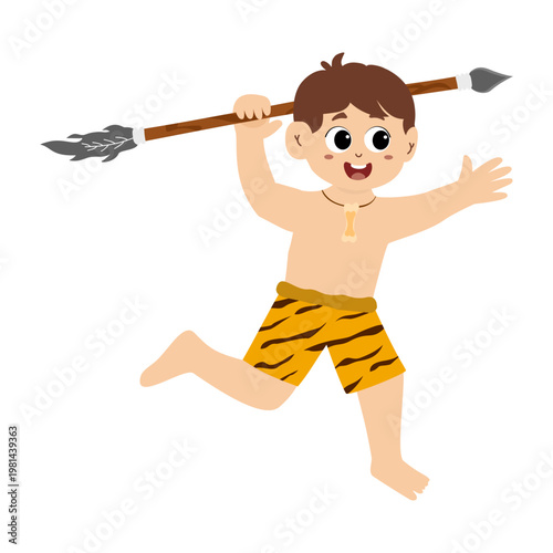 Little kid funny stone age prehistoric man, primitive caveman cartoon character vector. caveman costume vector illustration
