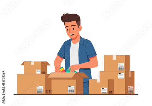 Man packing boxes for moving house.
