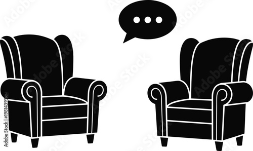 conversation chairs icon, communication concept illustration, dialogue speech bubble symbol, therapy counseling session, business meeting discussion, black silhouette furniture design