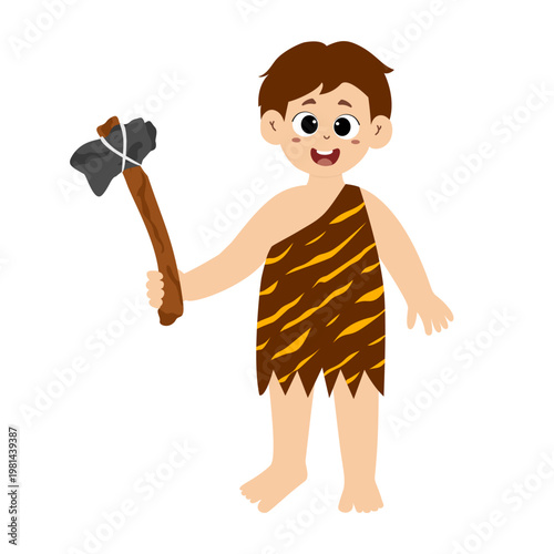 Little kid funny stone age prehistoric man, primitive caveman cartoon character vector. caveman costume vector illustration
