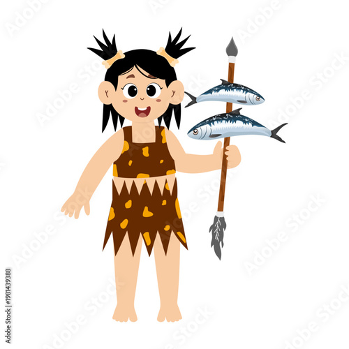 Little kid funny stone age prehistoric man, primitive caveman cartoon character vector. caveman costume vector illustration
