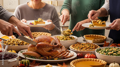 Family carving roasted turkey and serving traditional pumpkin pie at a festive Thanksgiving holiday dinner table setting