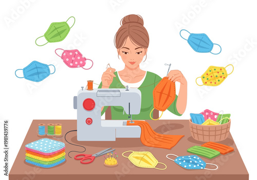 Woman sewing colorful face masks.