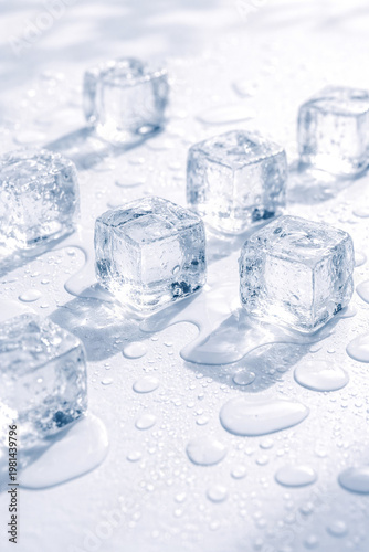 Melting ice cubes on clean surface with water droplets, illuminated by natural sunlight creating bright reflections and soft shadows, fresh and minimal composition.