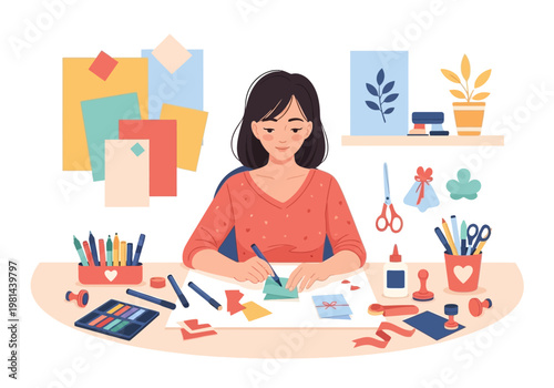 Woman working at craft desk table.