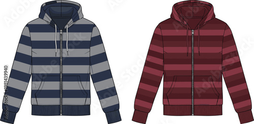 Striped hoodie jacket set illustration zip up hooded sweatshirt casual apparel vector design collection isolated on clean background