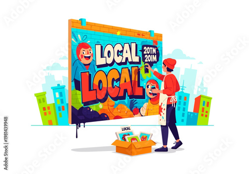 Man painting colorful advertisement board.