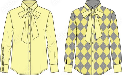 Women blouse vector set with bow tie collar plain and argyle pattern long sleeve fashion illustration stylish clothing design