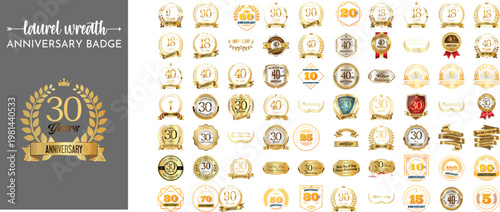 Vintage laurel wreath anniversary badge set featuring classic emblems, milestone year seals, decorative ribbons, crowns and award symbols. Ideal for wedding, corporate branding and celebration design