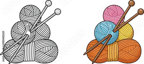 Knitting yarn balls with needles illustration set, handmade craft supplies, wool skeins collection and hobby knitting concept minimal design